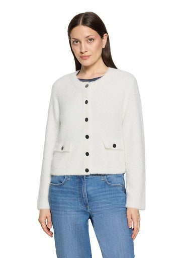 Betty Barclay White Knitted Jacket Round Neck Button Front Patch Pockets