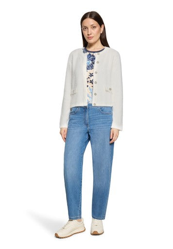 Betty Barclay White Knitted Jacket Round Neck Button Front Patch Pockets