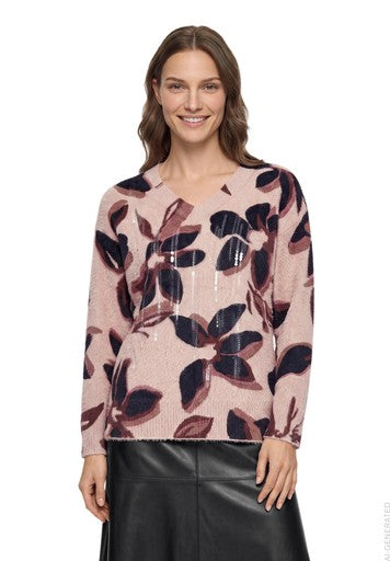 Betty Barclay Rose and Black Patterned V-Neck Sweater with Sequin Detail