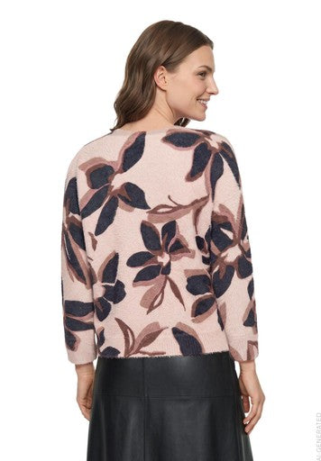 Betty Barclay Rose and Black Patterned V-Neck Sweater with Sequin Detail