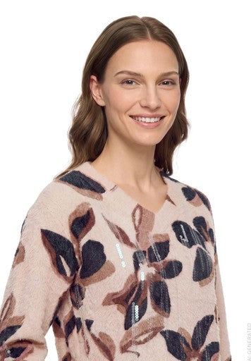 Betty Barclay Rose and Black Patterned V-Neck Sweater with Sequin Detail