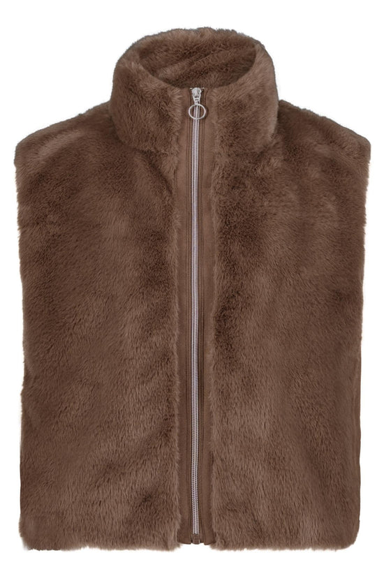 Betty Barclay Coffee Faux Fur Gilet with Stand-Up Collar
