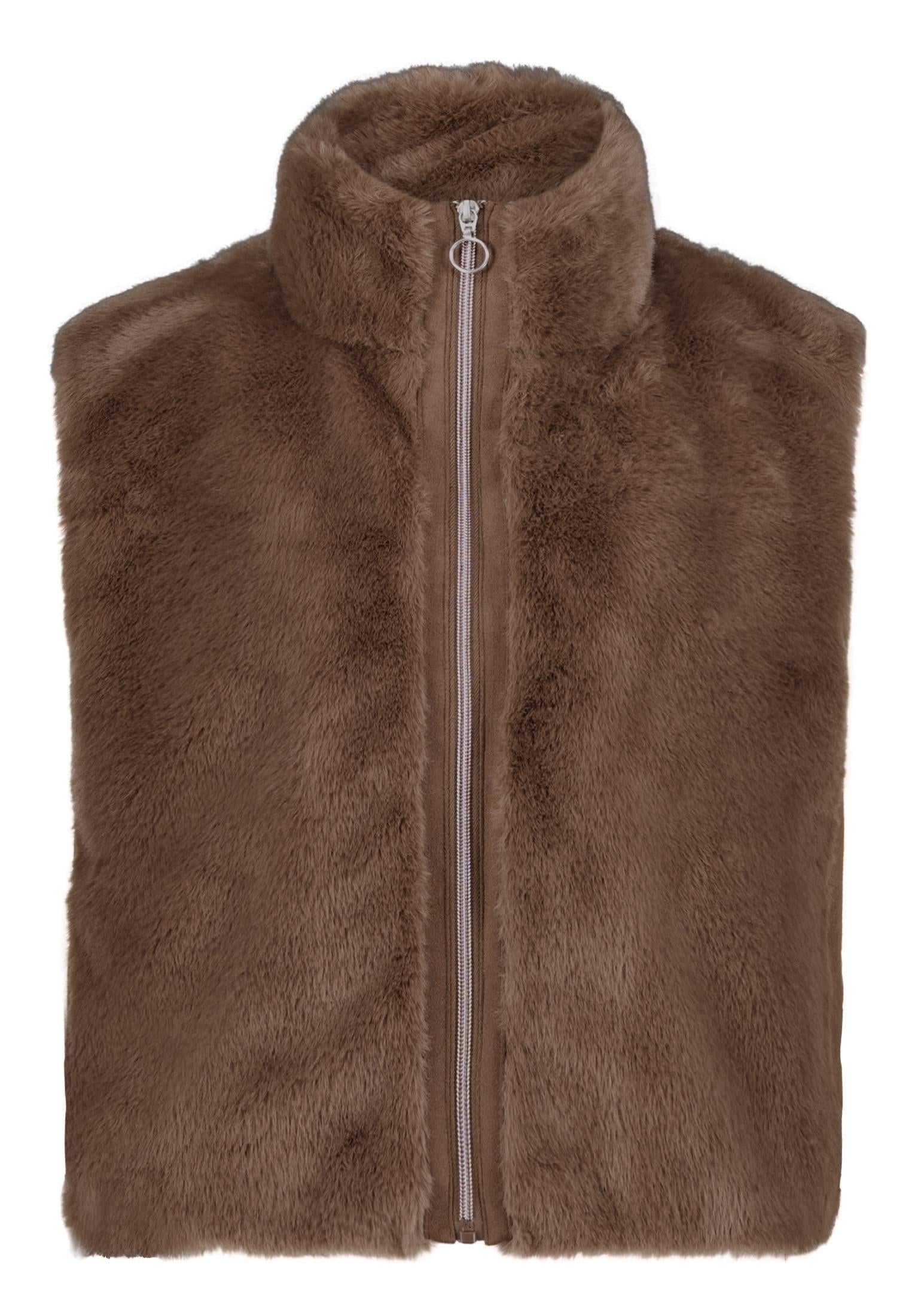 Betty Barclay Coffee Faux Fur Gilet with Stand-Up Collar