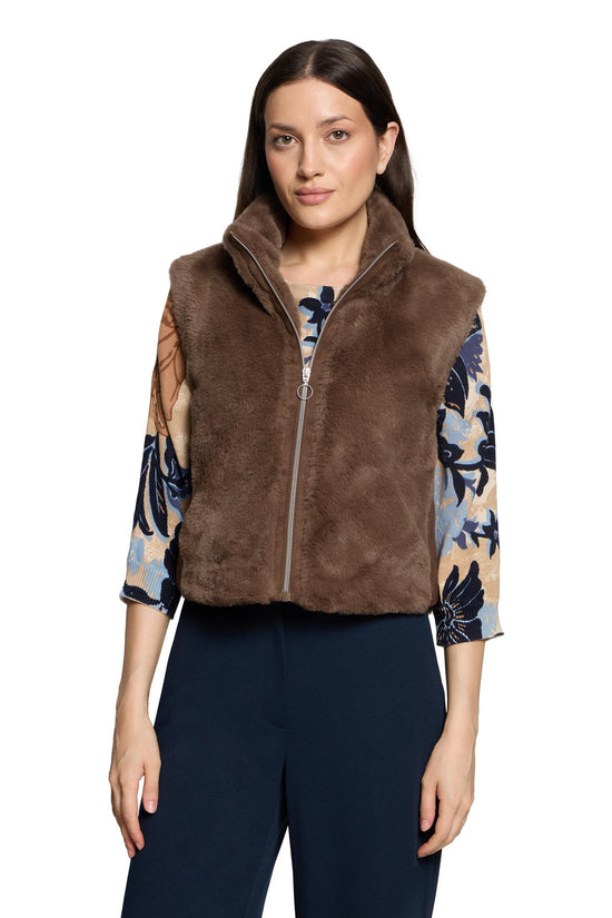 Betty Barclay Coffee Faux Fur Gilet with Stand-Up Collar
