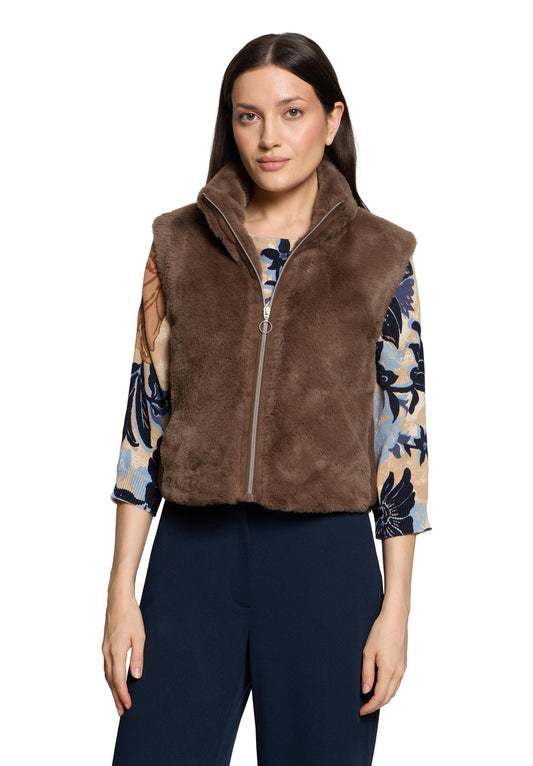 Betty Barclay Coffee Faux Fur Gilet with Stand-Up Collar