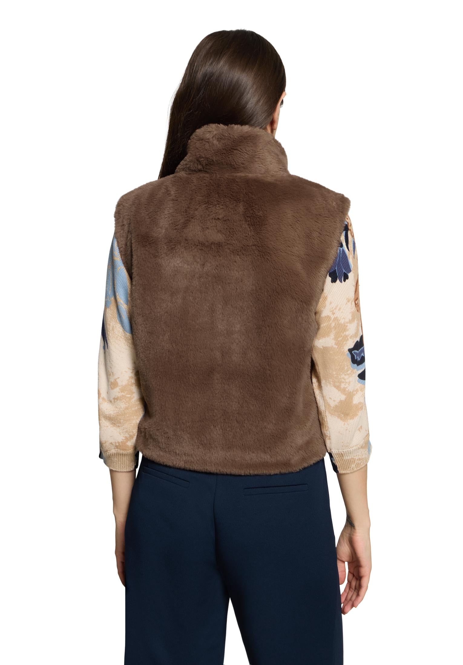 Betty Barclay Coffee Faux Fur Gilet with Stand-Up Collar