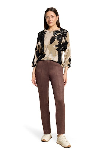 Betty Barclay Brown Faux Suede Trousers – High Waist Slim Fit 7/8 Length