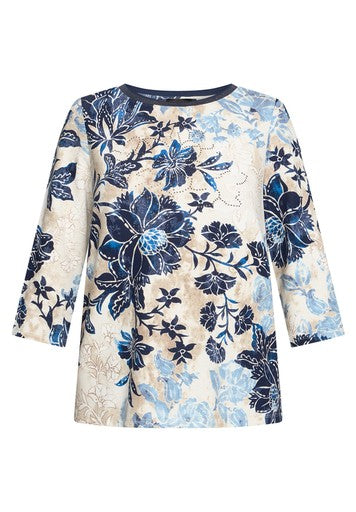 Betty Barclay Beige & Blue Floral Print Bateau Neck, 3/4 Sleeves Top