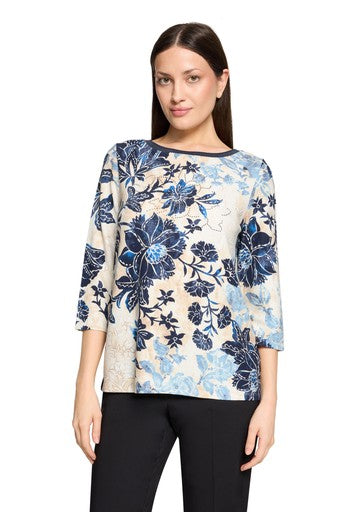 Betty Barclay Beige & Blue Floral Print Bateau Neck, 3/4 Sleeves Top