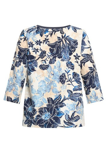 Betty Barclay Beige & Blue Floral Print Bateau Neck, 3/4 Sleeves Top