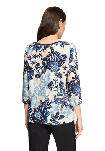Betty Barclay Beige & Blue Floral Print Bateau Neck, 3/4 Sleeves Top