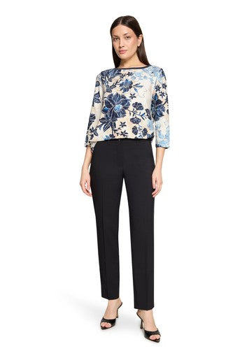 Betty Barclay Beige & Blue Floral Print Bateau Neck, 3/4 Sleeves Top