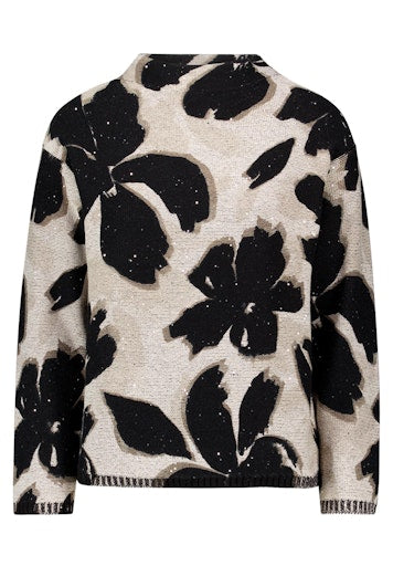 Betty Barclay Black & Beige Floral Knit Sweater Sequin Detail Stand-Up Collar