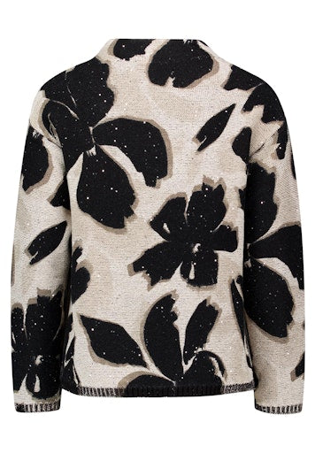 Betty Barclay Black & Beige Floral Knit Sweater Sequin Detail Stand-Up Collar