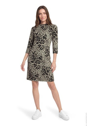 Betty Barclay Beige & Grey Animal Print Knee Length Dress Turtleneck ¾ Sleeves