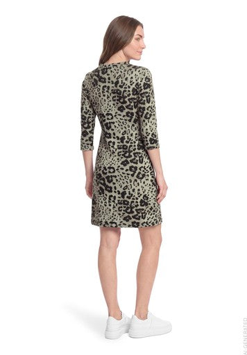Betty Barclay Beige & Grey Animal Print Knee Length Dress Turtleneck ¾ Sleeves