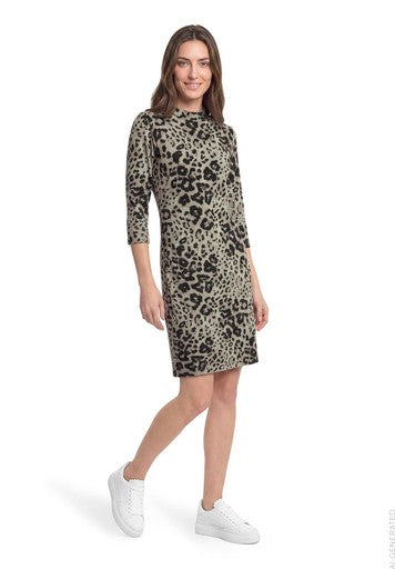 Betty Barclay Beige & Grey Animal Print Knee Length Dress Turtleneck ¾ Sleeves