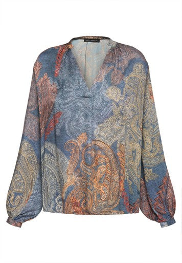 Betty Barclay Blue Paisley Print V-Neck Blouse with Long Sleeves