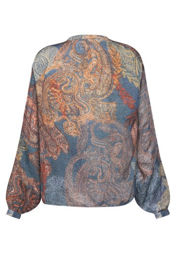 Betty Barclay Blue Paisley Print V-Neck Blouse with Long Sleeves