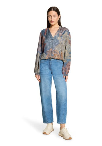 Betty Barclay Blue Paisley Print V-Neck Blouse with Long Sleeves
