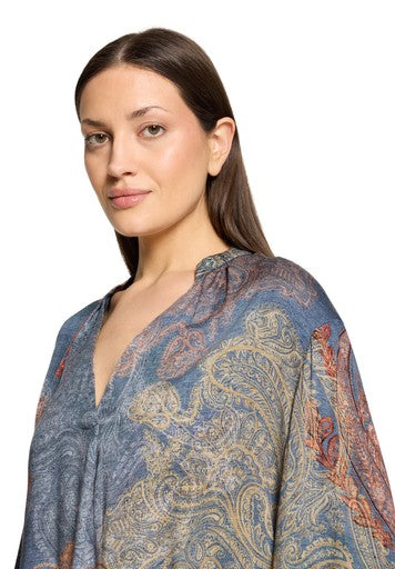 Betty Barclay Blue Paisley Print V-Neck Blouse with Long Sleeves