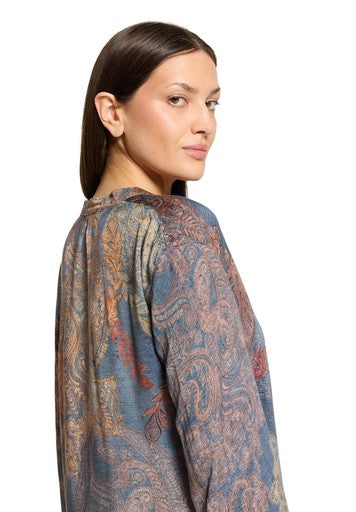 Betty Barclay Blue Paisley Print V-Neck Blouse with Long Sleeves