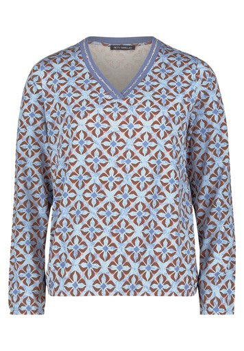Betty Barclay Blue & Brown Graphic Print V Neck Jersey Top
