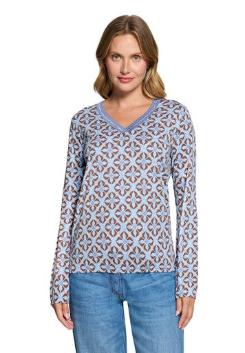 Betty Barclay Blue & Brown Graphic Print V Neck Jersey Top