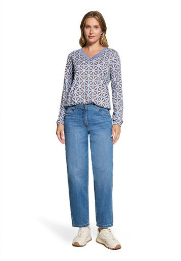 Betty Barclay Blue & Brown Graphic Print V Neck Jersey Top