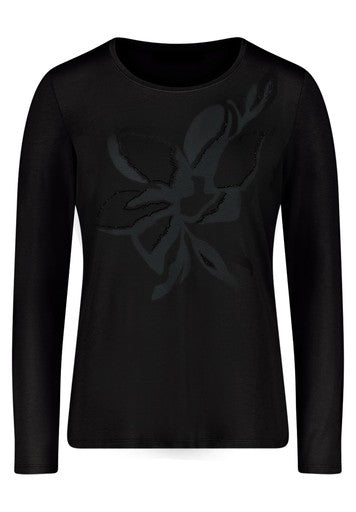 Betty Barclay Black Long Sleeve Fitted T-Shirt with Rhinestone Pattern Placement 