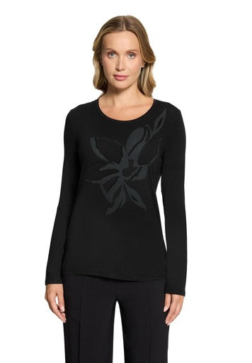 Betty Barclay Black Long Sleeve Fitted T-Shirt with Rhinestone Pattern Placement 