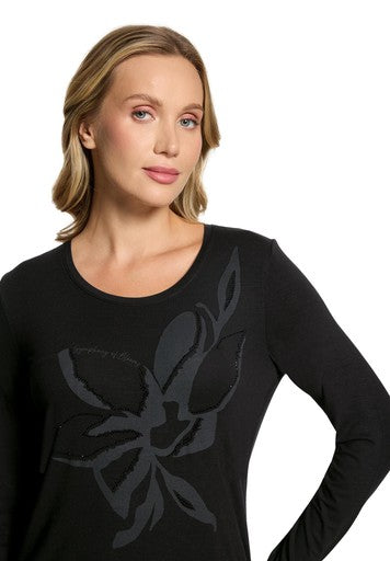 Betty Barclay Black Long Sleeve Fitted T-Shirt with Rhinestone Pattern Placement 