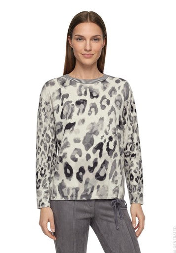 Betty Barclay Grey & Beige Animal Print Bateau Neck Sweater Stripe Trim