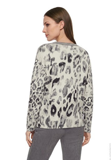 Betty Barclay Grey & Beige Animal Print Bateau Neck Sweater Stripe Trim