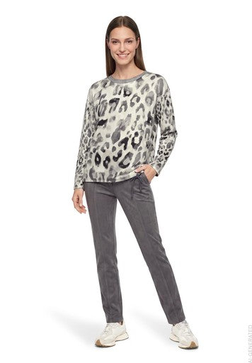Betty Barclay Grey & Beige Animal Print Bateau Neck Sweater Stripe Trim