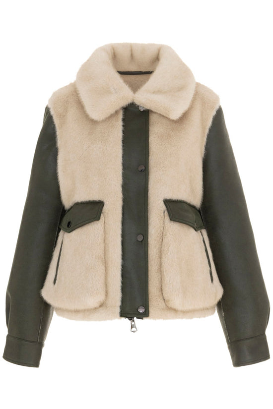 Urbancode Khaki & Winter White Reversible Shearling Collared Barn Coat
