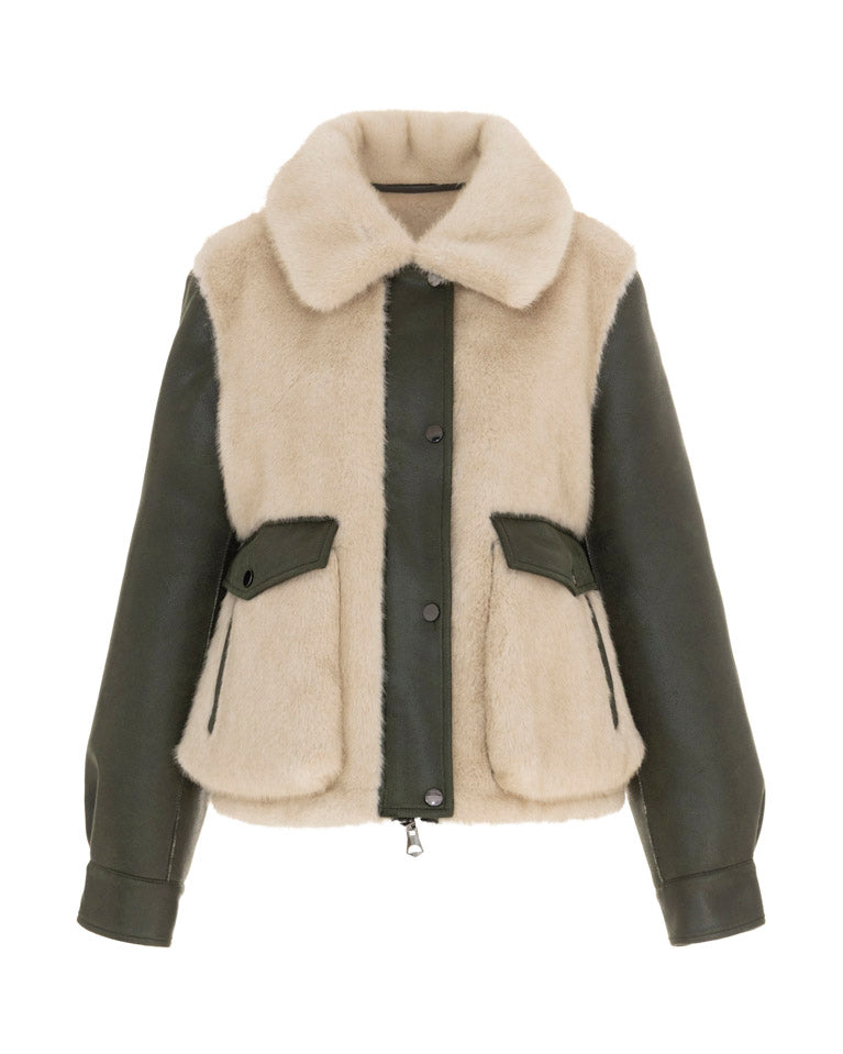 Urbancode Khaki & Winter White Reversible Shearling Collared Barn Coat