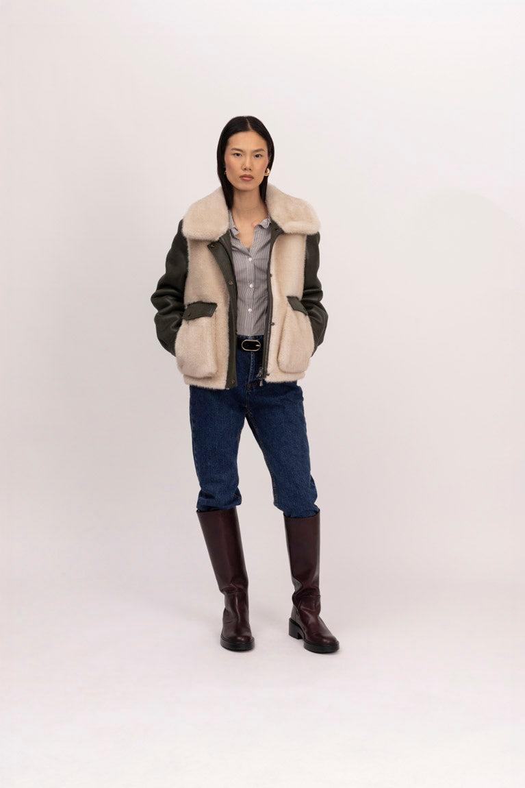 Urbancode Khaki & Winter White Reversible Shearling Collared Barn Coat