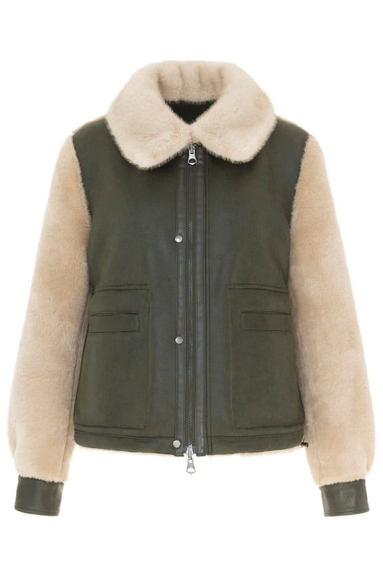 Urbancode Khaki & Winter White Reversible Shearling Collared Barn Coat