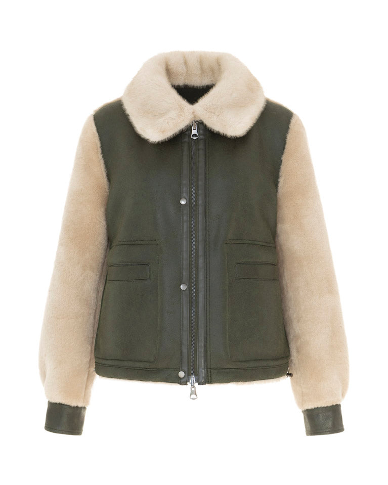 Urbancode Khaki & Winter White Reversible Shearling Collared Barn Coat