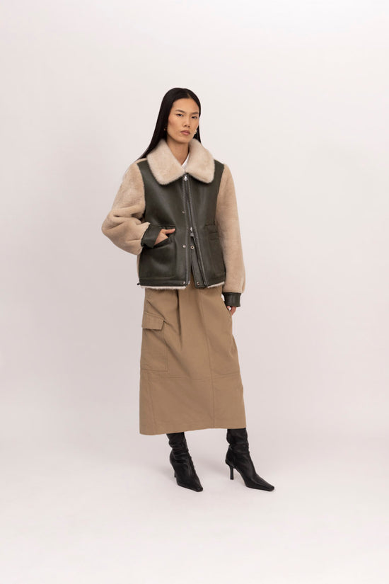 Urbancode Khaki & Winter White Reversible Shearling Collared Barn Coat