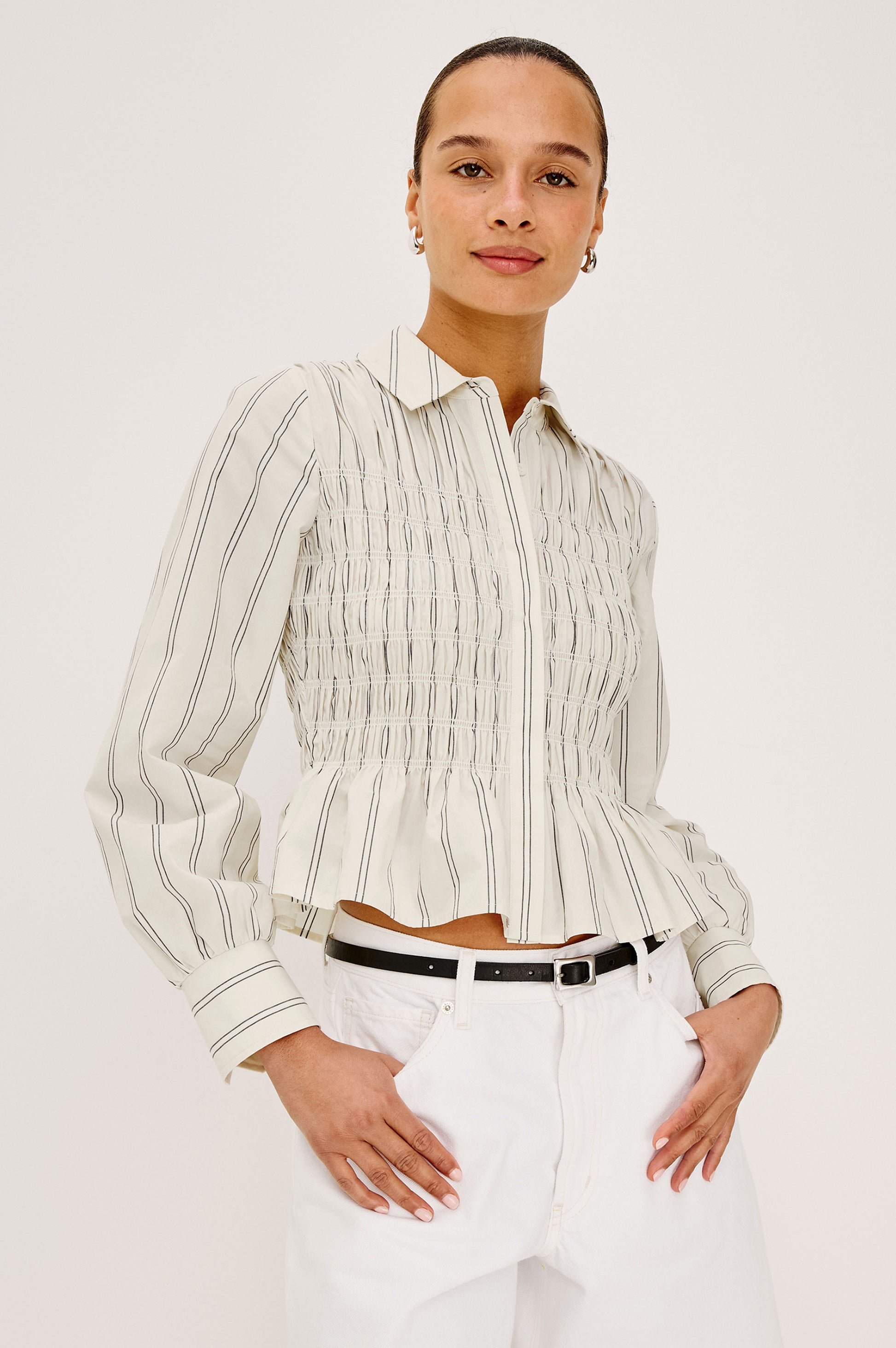 Rails Palma Stripe Smocked Peplum Cotton Shirt Bradshaw