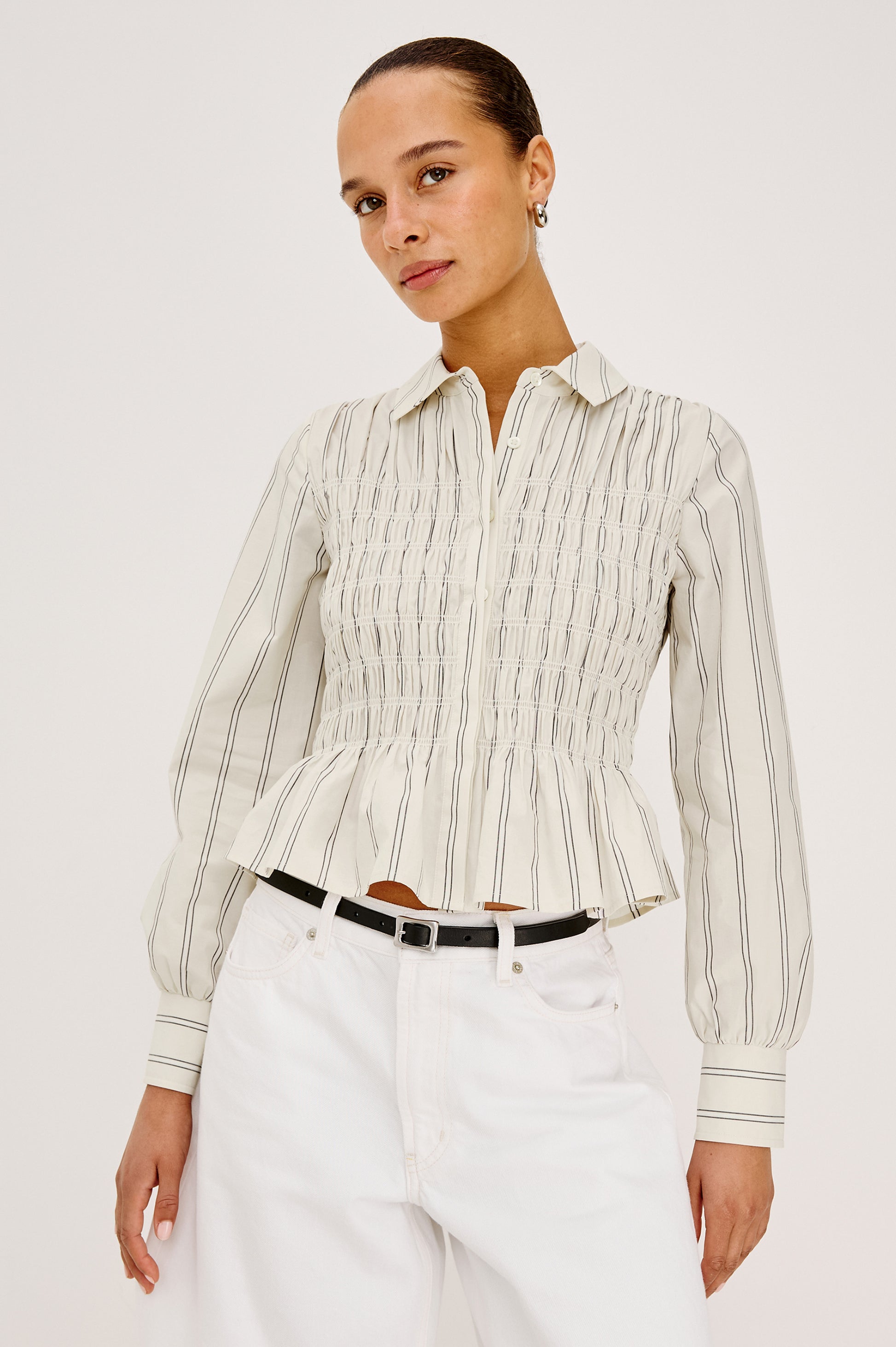 Rails Palma Stripe Smocked Peplum Cotton Shirt Bradshaw