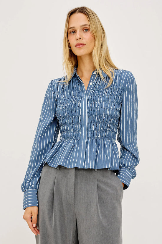 Rails Washed Indigo Stripe Cotton Smocked Body Shirt