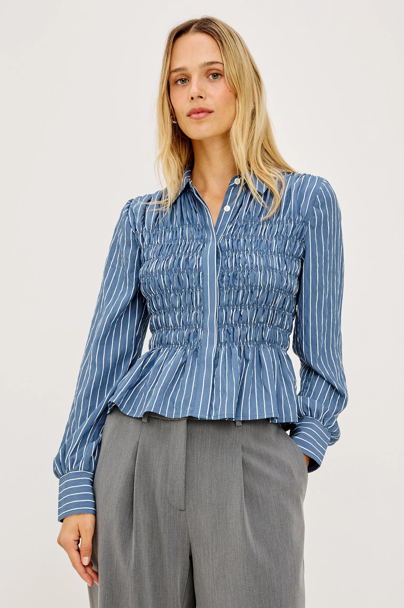 Rails Washed Indigo Stripe Cotton Smocked Body Shirt