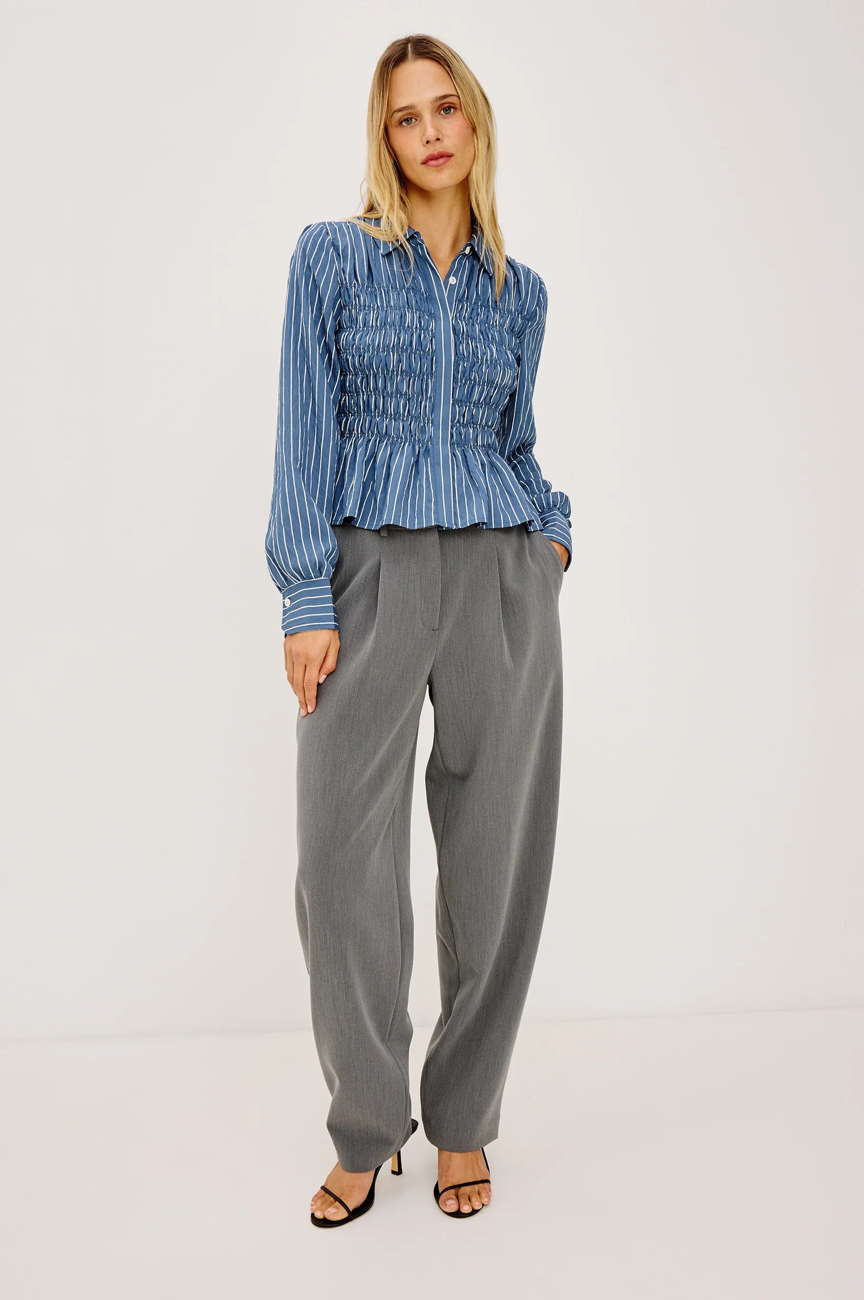 Rails Washed Indigo Stripe Cotton Smocked Body Shirt