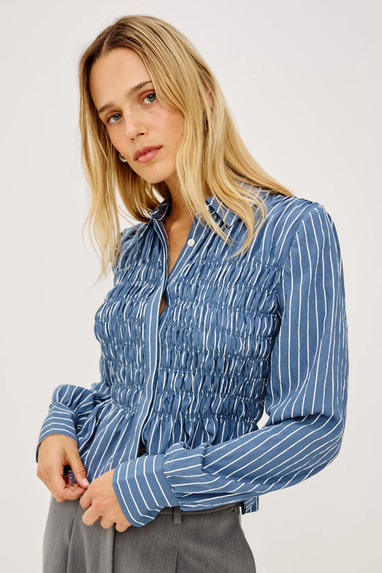 Rails Washed Indigo Stripe Cotton Smocked Body Shirt