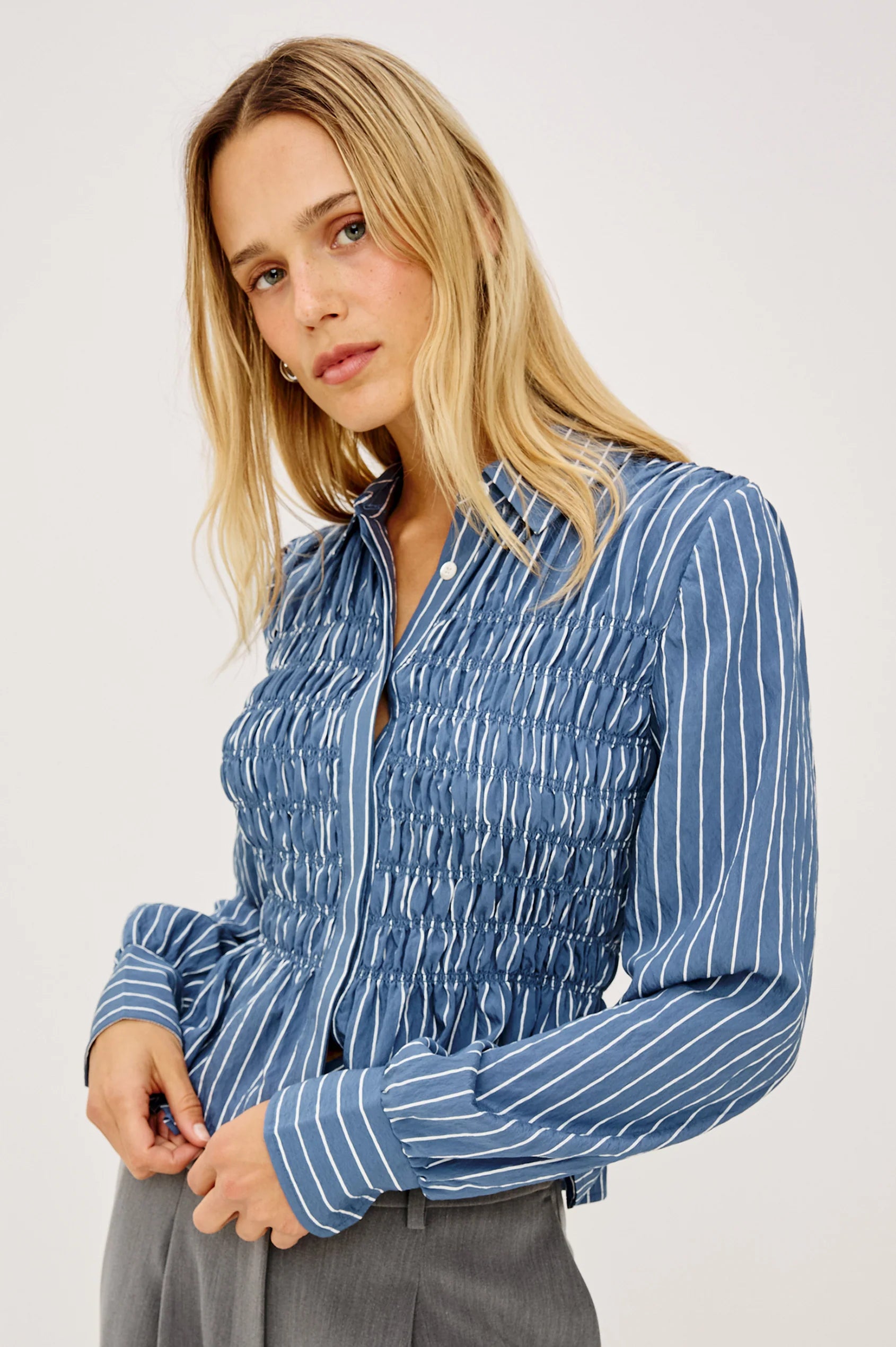 Rails Washed Indigo Stripe Cotton Smocked Body Shirt