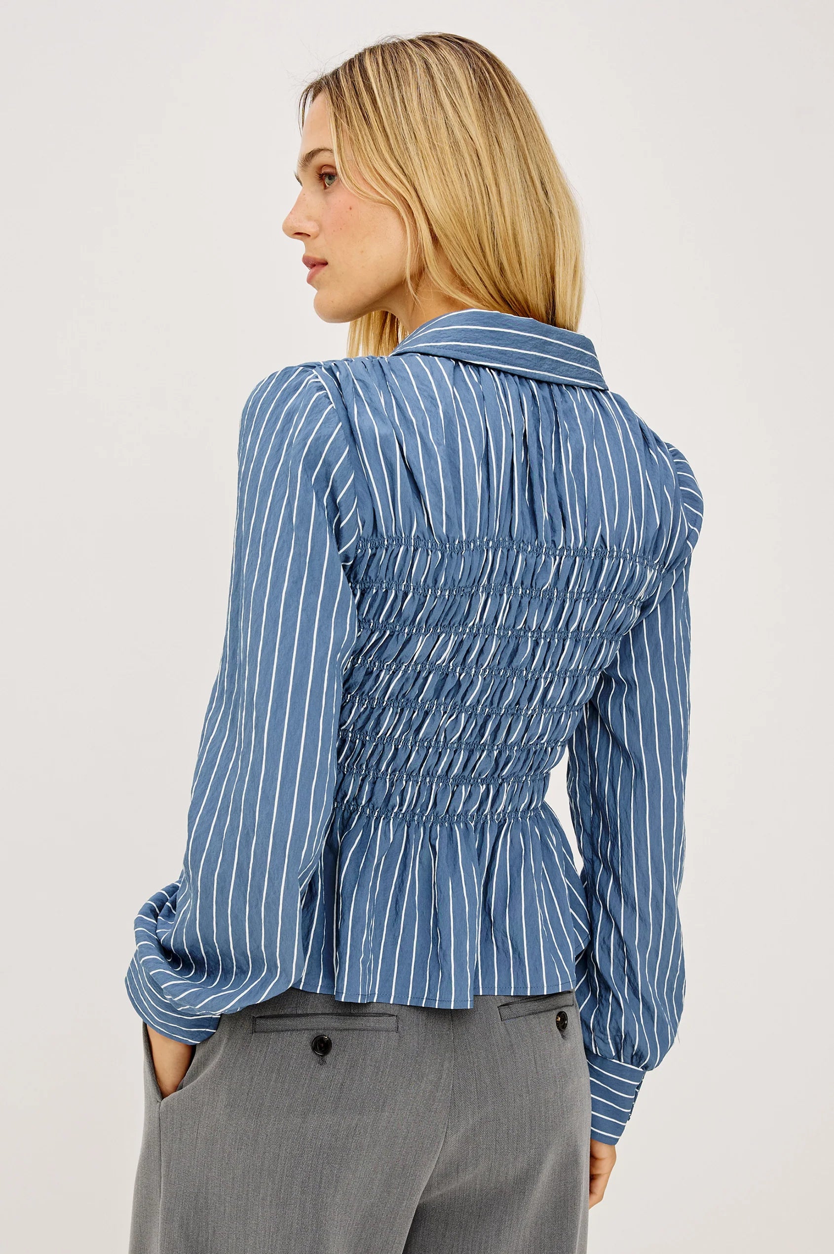 Rails Washed Indigo Stripe Cotton Smocked Body Shirt