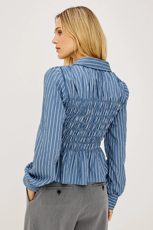 Rails Washed Indigo Stripe Cotton Smocked Body Shirt